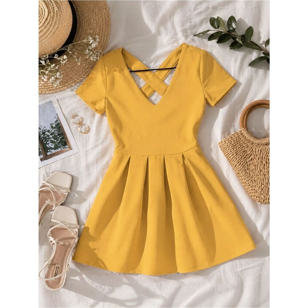 Pepe Jeans Yellow Skater Mini Dress Fit & Flare Summer Brunch Picnic Size M